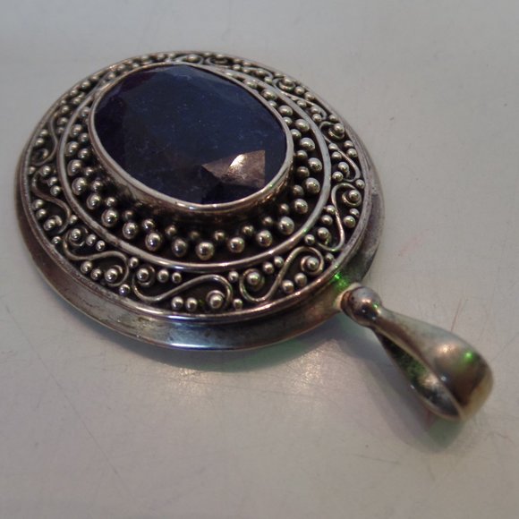 Samuel B Stamped 9.25 Sterling BJC Caviar Detailing Bold Pendant Blue Stone - Picture 4 of 12